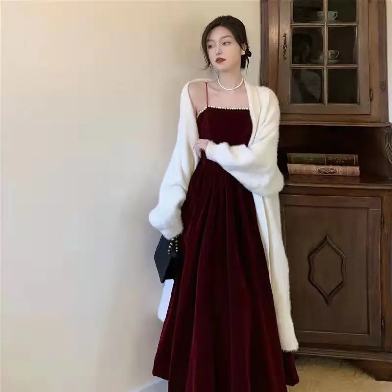 Velvet Spaghetti Strap Burgundy Midi Cocktail Dresses for Women 2024 Elegant Tea Length Prom Midi Dresses - Seprincess