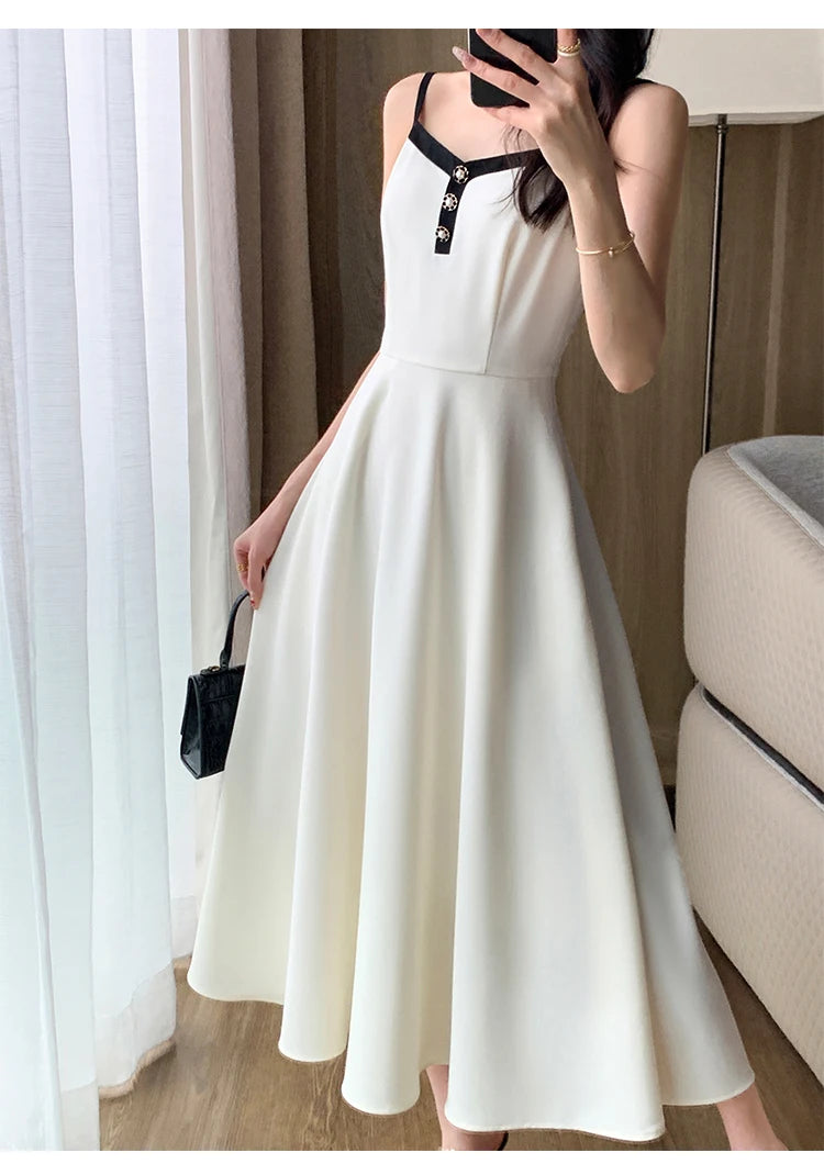 Fashion Korean Women Elegant Casual Dress Set Vintage Crop Jackets Sleeveless A-Line Strap Dress Two Pieces Set Female Clothes - Seprincess