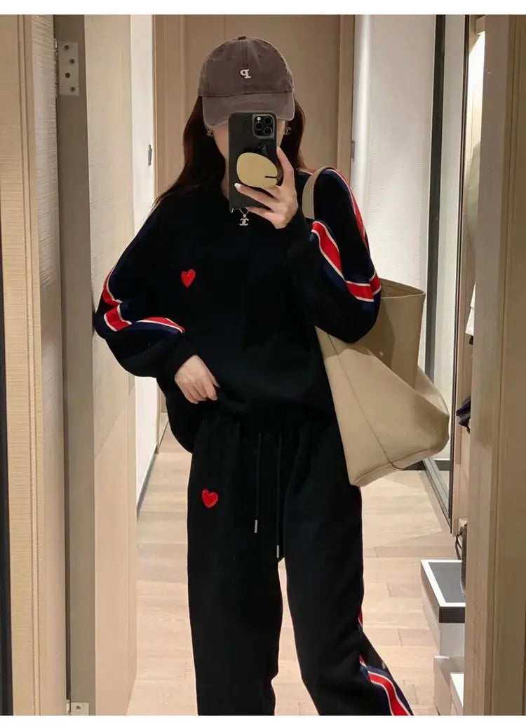 Autumn Cute Love Embroidery Pant Sets Two Pieces Tracksuits Khaki Side Striped Sweatshirt Women Girls Loose Sporty Korean Style