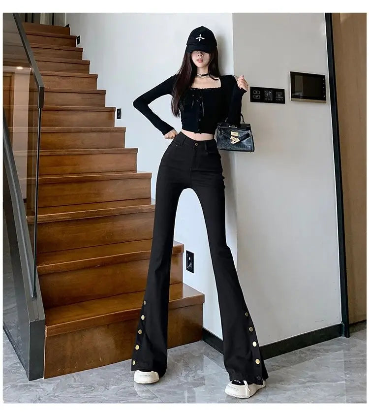 Micro-boot jeans brown buttoned design women's autumn and winter new high-waisted slim straight-leg floor mopping pants