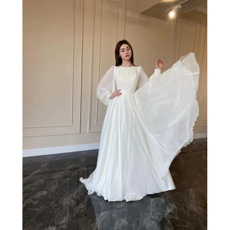 Autumn fashion lantern Pearl gauze white wedding dress crew neck dress - Seprincess