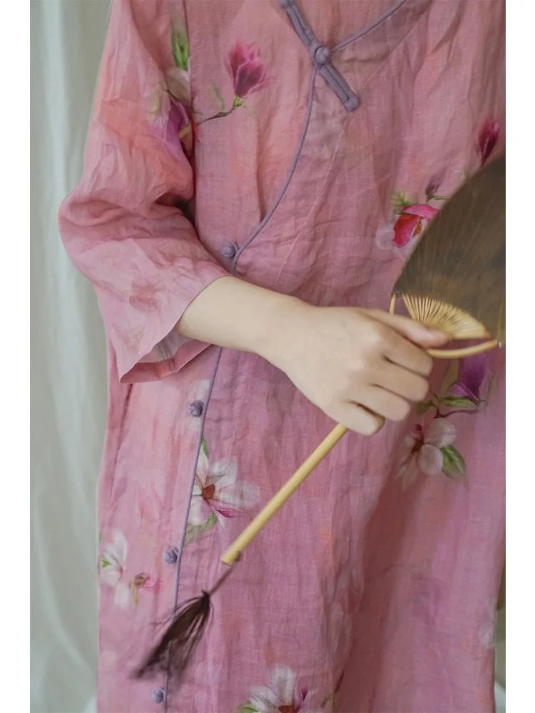 New Chinese Style Retro Improved Hanfu Dress Art Ramie Printed Cheongsam Zen Dress National Style Original Design Qipao Women - Seprincess