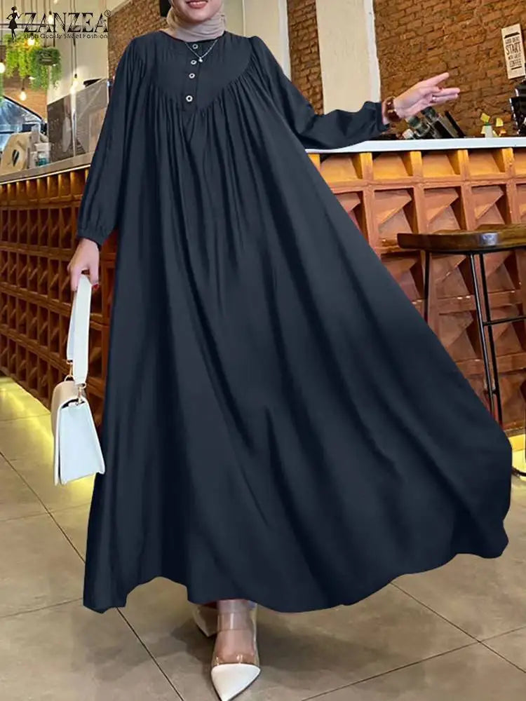 ZANZEA Islamic Dubai Hijab Dresses Autumn Muslim Dress Abaya Women Oversize Sundress Fashion Long Lantern Sleeve Maxi Vestidos - Seprincess