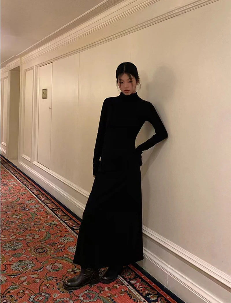 Autumn Half Turtleneck Dress Women Korean Elegant Black Hepburn Style Midi Dress Y2K High Waist Long Sleeve Warm A Line Vestidos - Seprincess