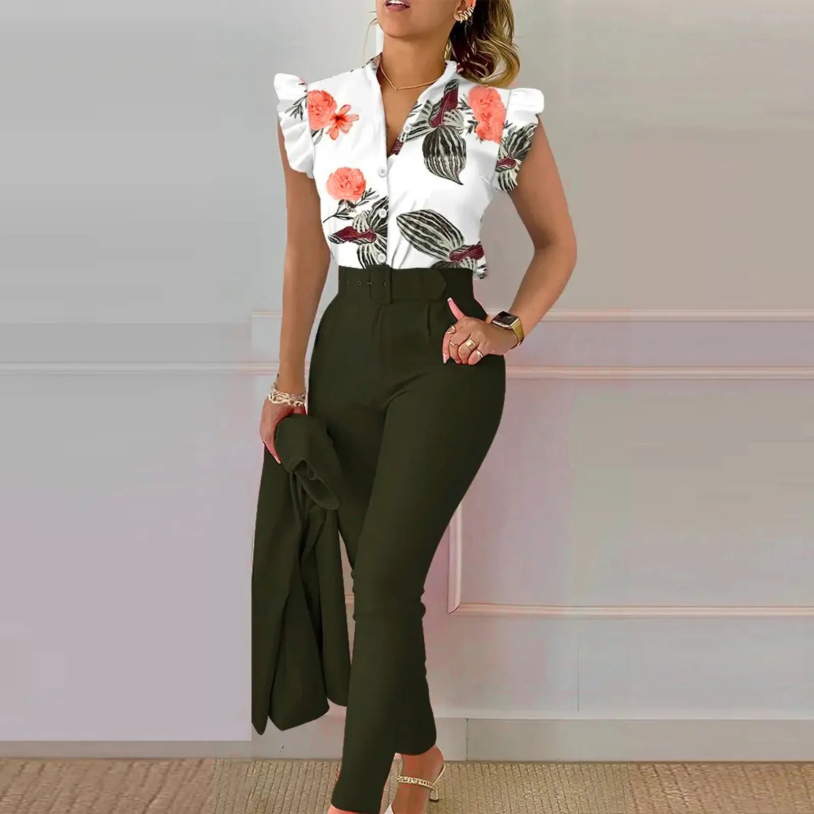 Elegant Short Sleeve Shirt Pants Set Office Lady Fashion V Neck Floral Print Ruffles Trousers Two Piece Set Women Outfit 2023 - Seprincess