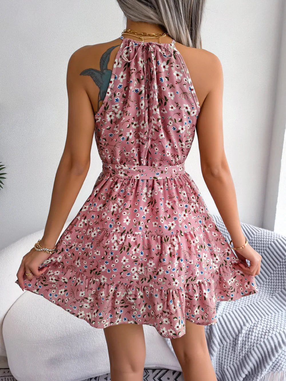 Short Womens Dresses Casual Sleeveless Bandage Ruffle Vacation Beach Dress Fashion Summer Pink Floral Clothes Women 2024 - Seprincess