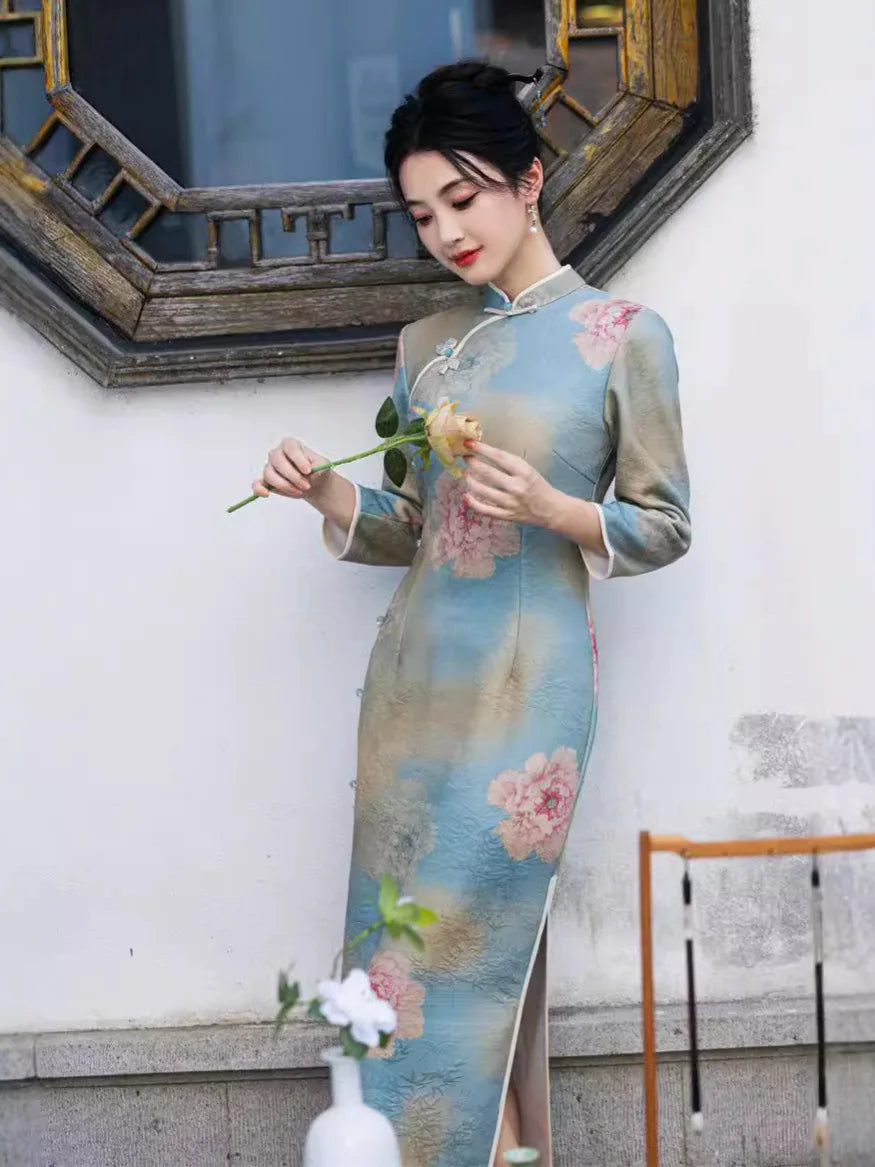 2024 Autumn New Printed Long Cheongsam Slim Fit Seven Quarter Sleeve Women's Cheongsam Qipao Dress - Seprincess