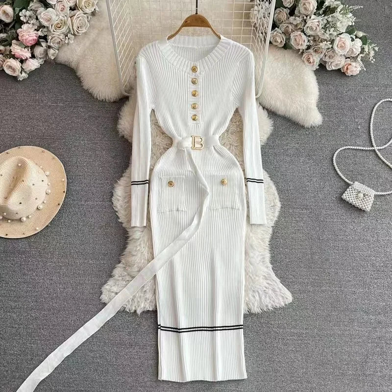 Autumn Winter Women Knitted Dress Brand Fashion O-neck Buttons Bodycon Sweater Dress with Belt Lady Office Dress - Seprincess