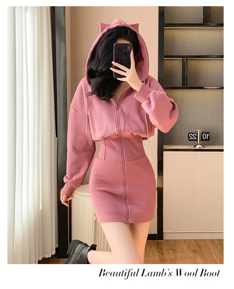 Korean Fashion Hoodie Dress Women Autumn Winter Long Sleeve Cat Ear Mini Dress Bodycon Dress Vestidos - Seprincess