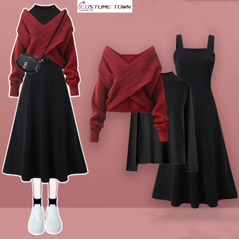 2024 Korean Autumn/Winter New Fashion Versatile Women's Set Cross Sweater+Inner Shirt+Dress Three Piece Set - Seprincess