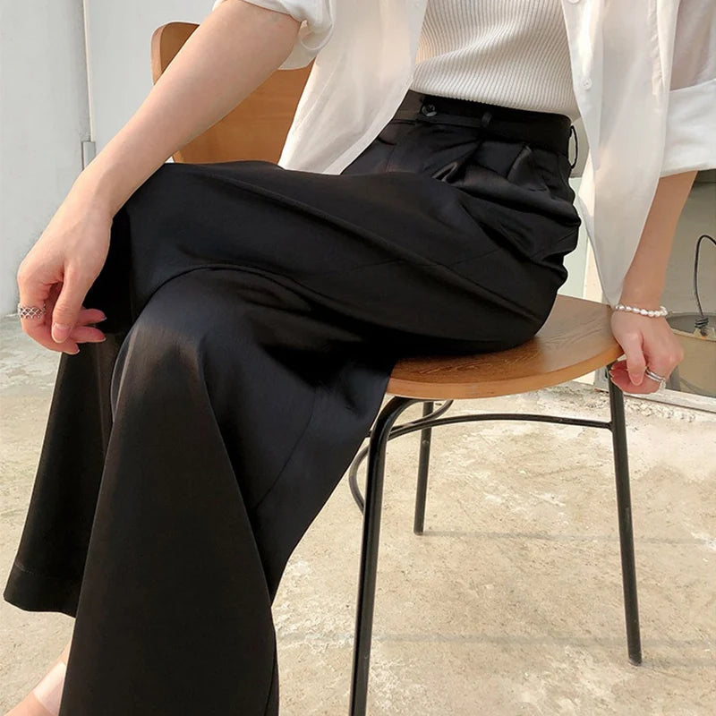 Summer Silk Satin Wide Leg Pants Thin Women Spring Office Straight Suit Trousers Classic Baggy Elegant High Waist Straight Pants