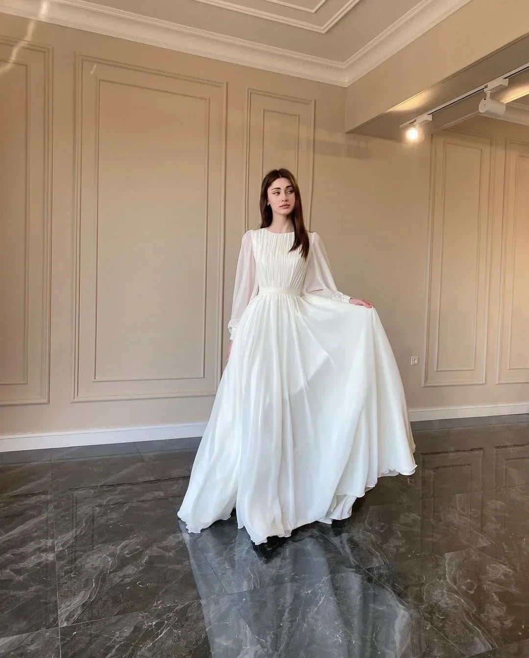 Fashion Elegant Lantern Sleeve O-Neck Sexy Large Swing Long Dress Lady Club Party Ball Gown White Pearl Yarn Wedding Dresses - Seprincess