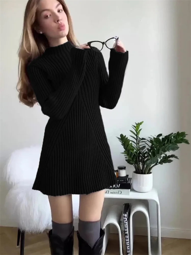 Long-sleeved Tight Knit Dress for Women 2024 Semi-turtleneck Bottom Pack Hip Solid Color Short Autumn/winter Sweater Dress - Seprincess