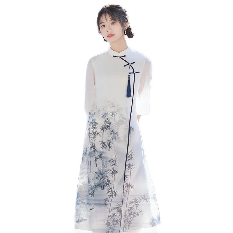 Improved Cheongsam 2024 Women's Summer High-end Chiffon Long Dress Inverted Big Sleeves Plus Size Retro Girl Chinese Style Hanfu - Seprincess