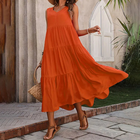 Y.KUKU 2024 Women Dress Summer Casual Brand Vacation Holiday Beach Long Dresses V-neck Loose Elegant Yellow Dress Femme - Seprincess