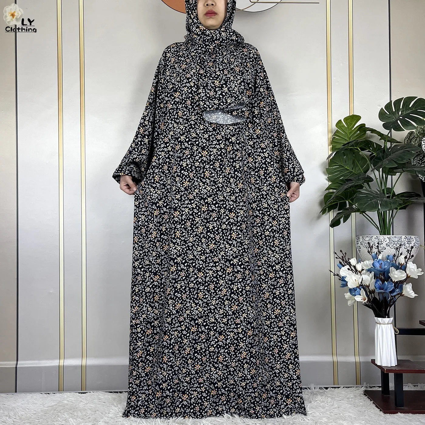 2024Latest Muslim Abayas For Women Ramadan Prayer Maxi Dubai Turkey Femme Cotton Robe Floral Loose African Dress Turban Attached