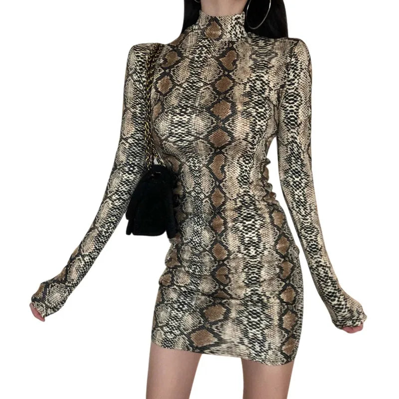 Fashion Vintage Snake Print Dress Turtleneck Sexy Long Sleeve Tight Dress For Women - Seprincess