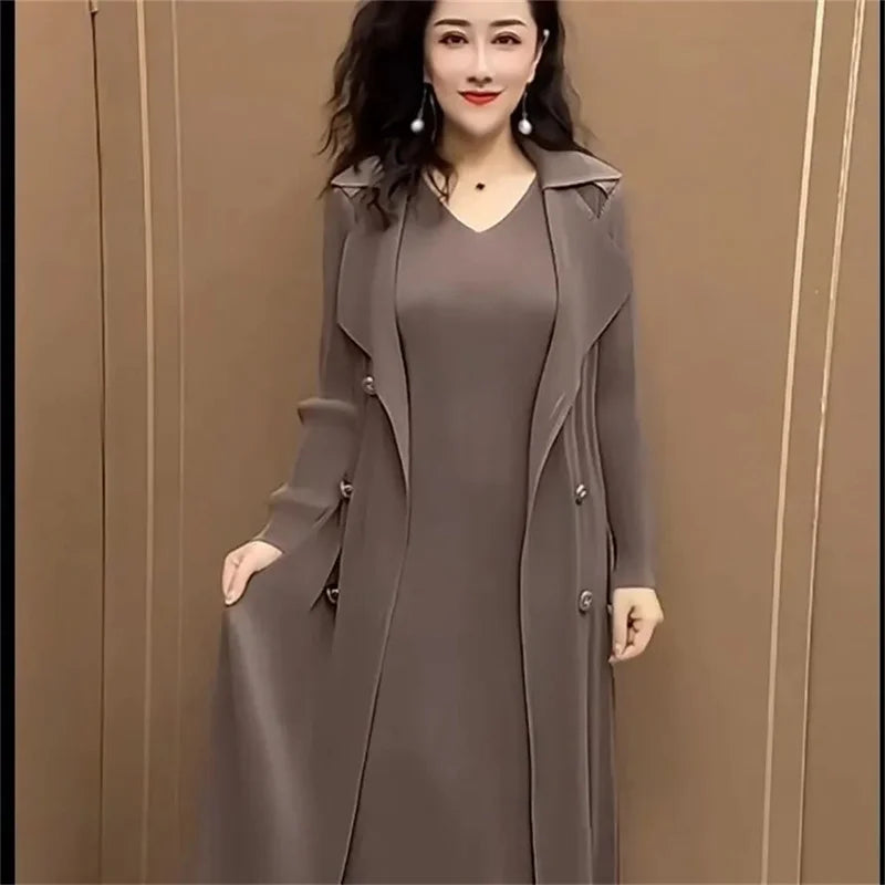 Spring Autumn Fashion Slim Pleated Suit Collar Fake Two Piece Windbreaker Coat Comfortable Waist Shrinking Elastic Dress Belt - Seprincess