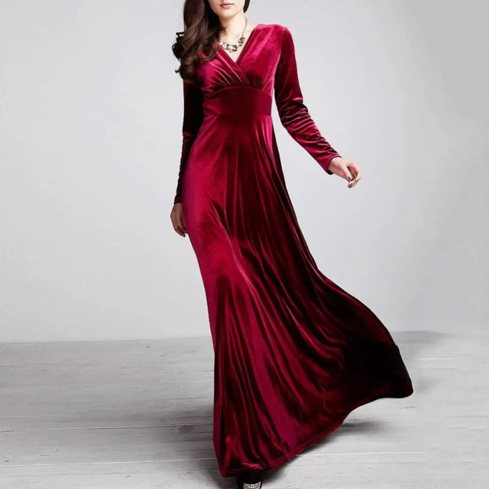 Vintage Women Autumn Long Sleeve V Neck Pleated Velvet Banquet Party Maxi Dress Party Wedding Elegant Evening dress? - Seprincess