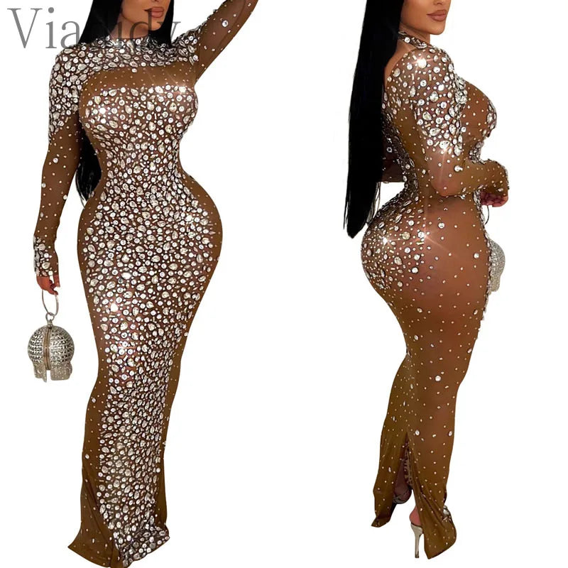 Women Sexy See Through Sheer Mesh Rhinestone Decor Long Sleeve Maxi Party Dress - Seprincess