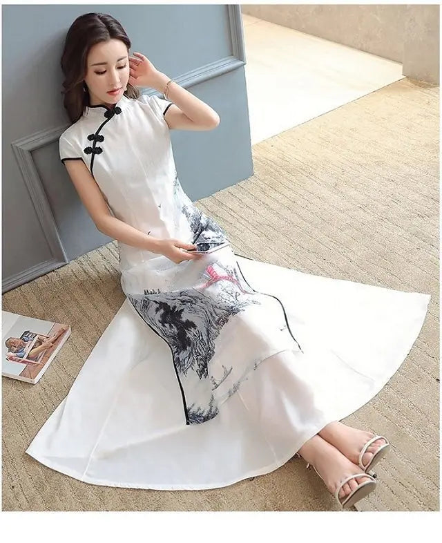 1pcs/lot Summer Elegant Slim Women Painting Cheongsam White Dress Qipao Chiffon Vintage Chinese Style Dress - Seprincess