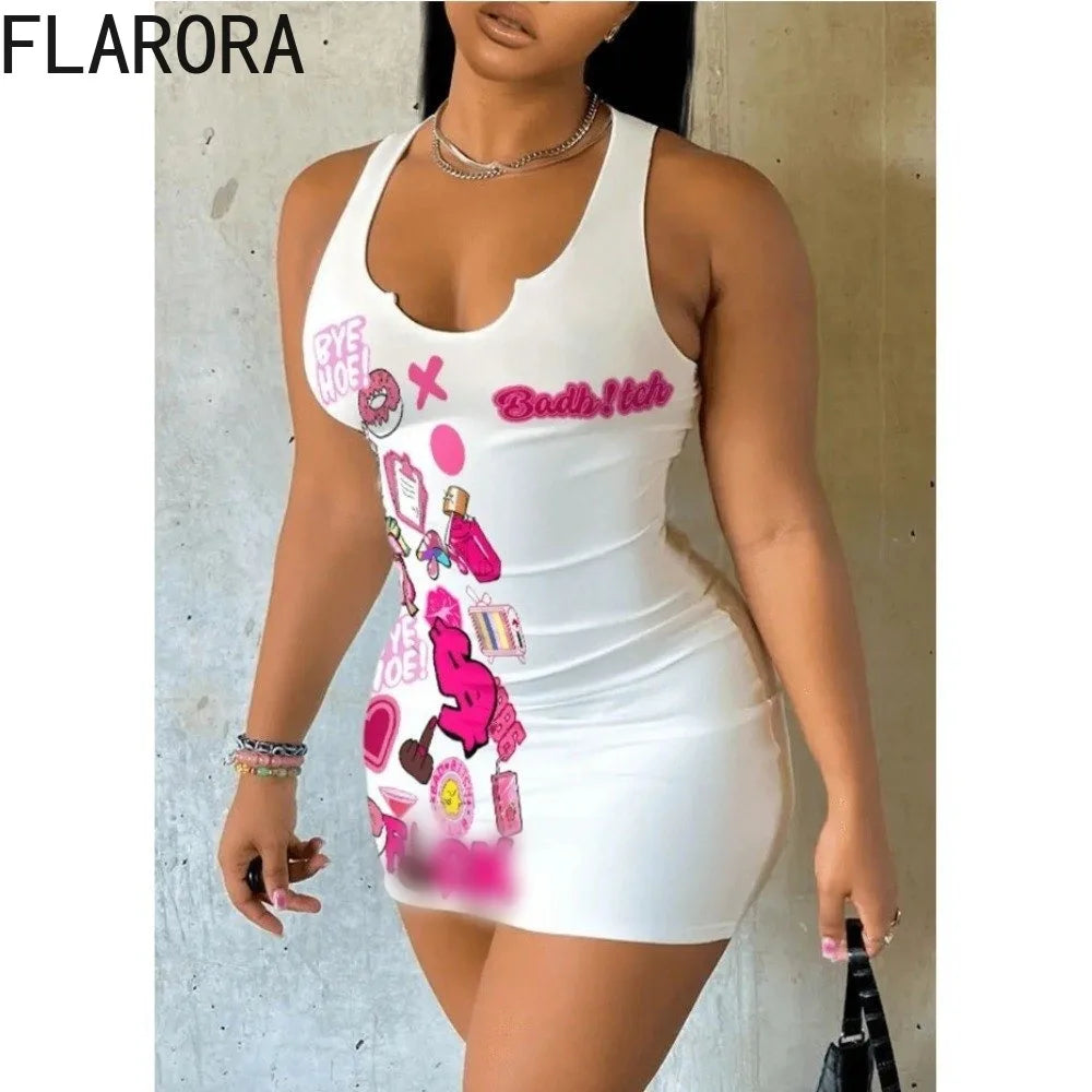 FLARORA Elegant Dresses for Woman 2024 New Woman Sleeveless Printing Bodycon Mini Dress Sexy Fitted Short Dress Y2k Streetwear - Seprincess