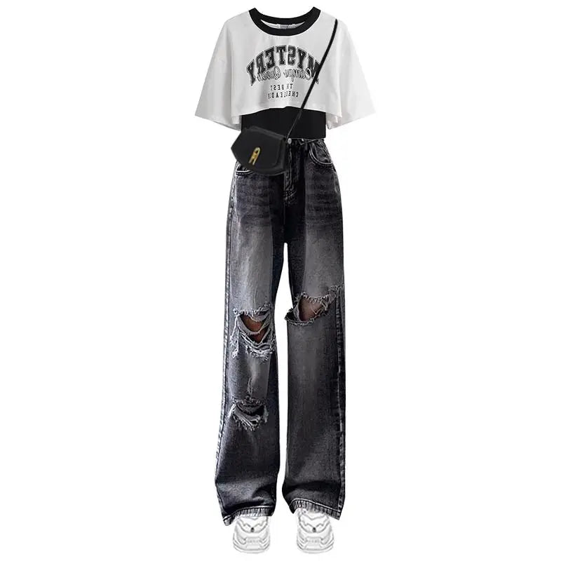 Spring/Summer Sweet Cool Set for Female Students Korean Fashion T-shirt+Personalized Ripped Jeans Two-piece Set - Seprincess