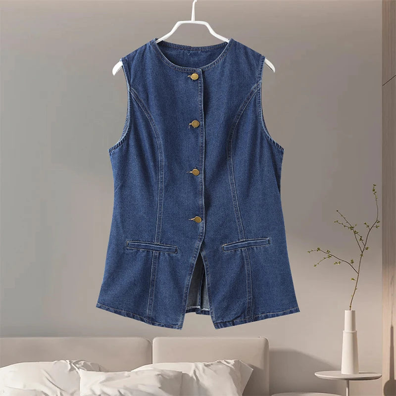 Casual Denim Shorts Sets for Women Sleeveless Single Breasted Split Top Vest High Waist Wide Leg Shorts Suit Female Lady Set - Seprincess