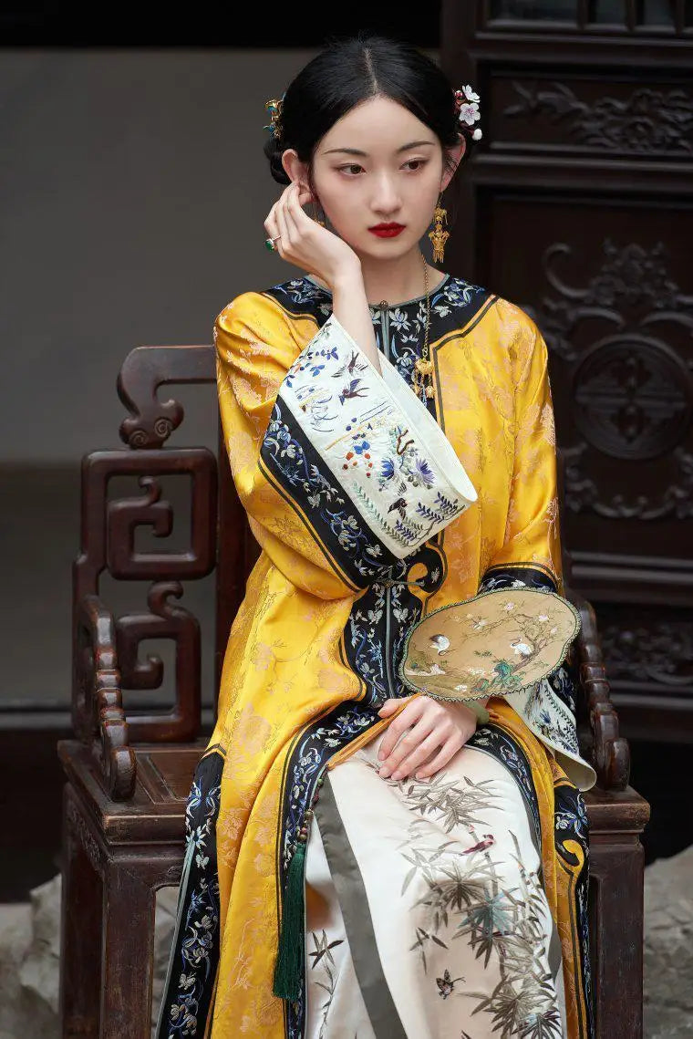 Qing Dynasty Satin Yellow Printed Cheongsam Cloak Chinese Vintage Heavy Industry Horse Face Skirt Original  Qipao Dress Modern - Seprincess