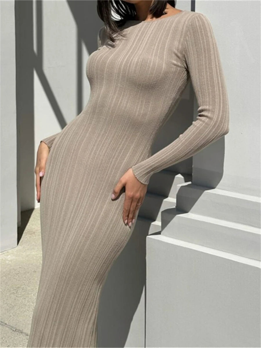 wsevypo Fall Casual Knit Ribbed Bodycon Long Dress Simple Style Solid Color Long Sleeve O Neck Wrapped Pencil Dress Street Party - Seprincess