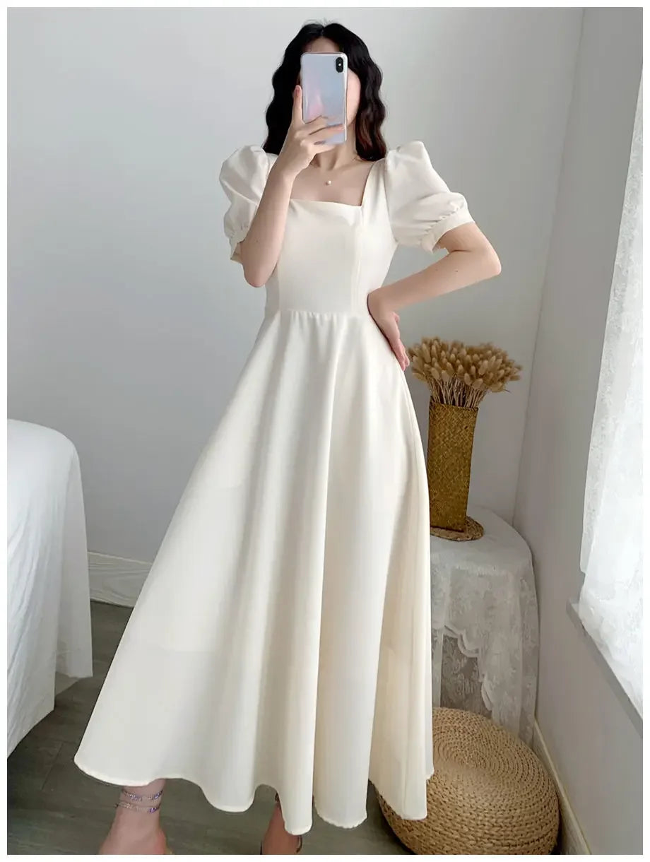 Slim Fit Women White Dress Bubble Sleeve Square Neck Light Wind Style Long Skirt Summer Casual Korean Style - Seprincess