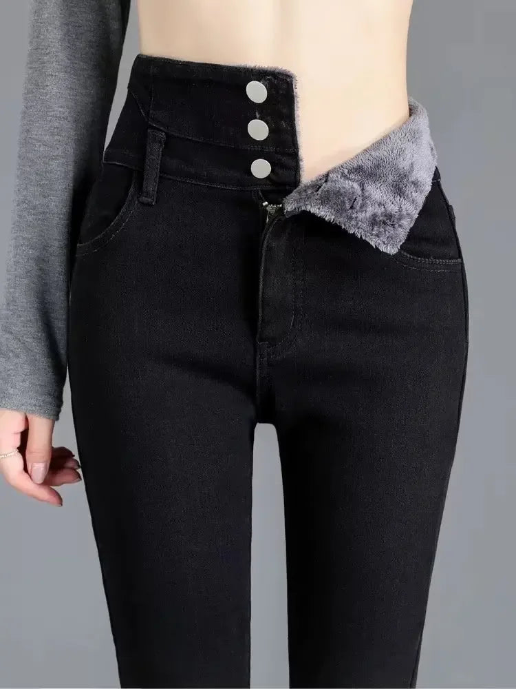 High-waisted Fleece-lined Jeans Women's Winter New Slimming Black Slim Fit Trendy Pencil Leggings