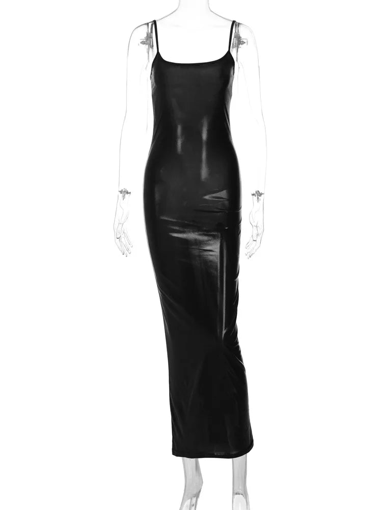 Dulzura Faux Leather Midi Dress For Women Strap Long Dress Bodycon Sexy Party Birthday Outfits Evening Clothes Spring Summer - Seprincess