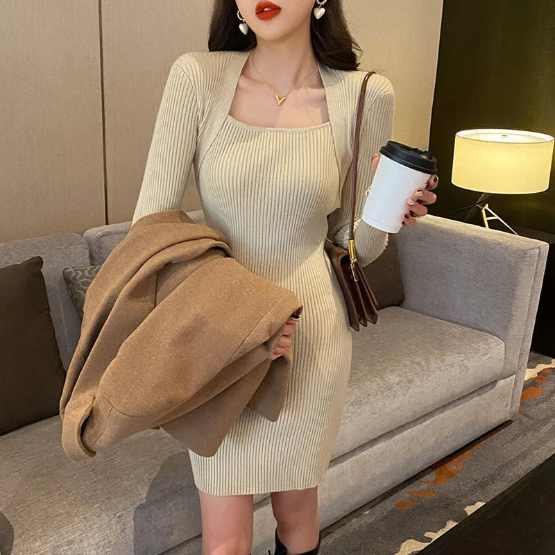 For Fall and Winter Bodycon Bandage Female Knit Evening Dresses White Korean Fashion Black Wrap Woman Knitted Sweater Dress Sexy - Seprincess