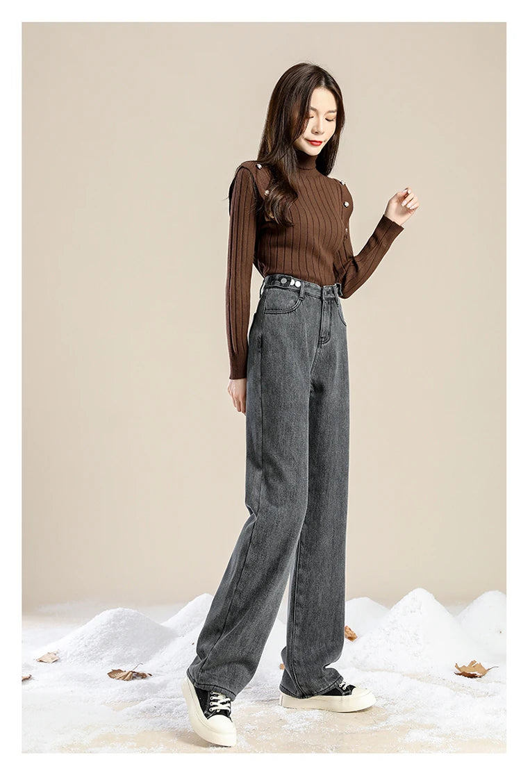 Women Pants 2023 Winter Fashion Korean Edition New Style Versatile High Waist Straight Cylinder Thick Fleece Wide Leg Jeans