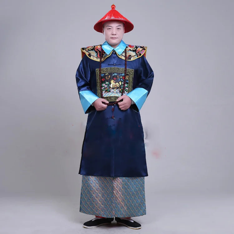 Ancient Black Military Official Civil Official Uniform Qing Dynasty Ancient Clothes Men's Cheongsam Sent Hat Buddha Beads Shawl - Seprincess