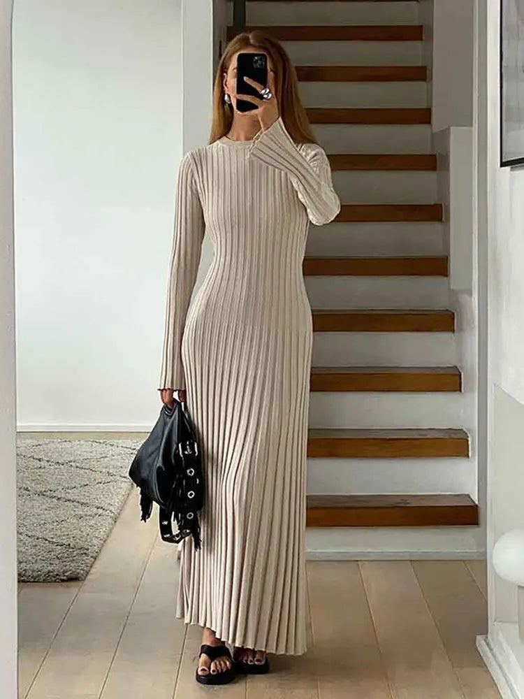 Women Elegant Solid Pleated Knitted Maxi Dress Casual Round Neck Long Sleeve Lace Up Dresses 2024 Autumn Lady High Street Robes - Seprincess