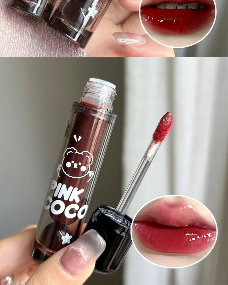 PINKCOCO Bear Doodle Mirror Lip Glaze — Long-Lasting Shiny Lip Gloss, Student-Friendly, Skin-Brightening Nude Lipstick - Seprincess