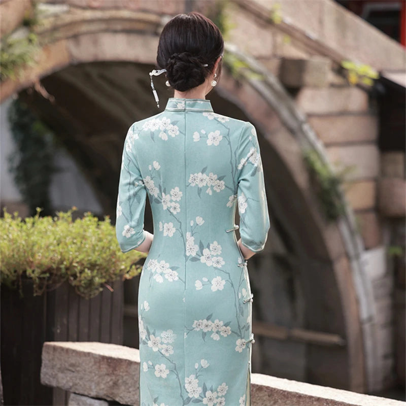 Elegant Print Qipao Chinese Style Costume Suede Fabric Long Cheongsam Stand Collar Mid Sleeve Side Slit Slim Fit Dress for Women - Seprincess