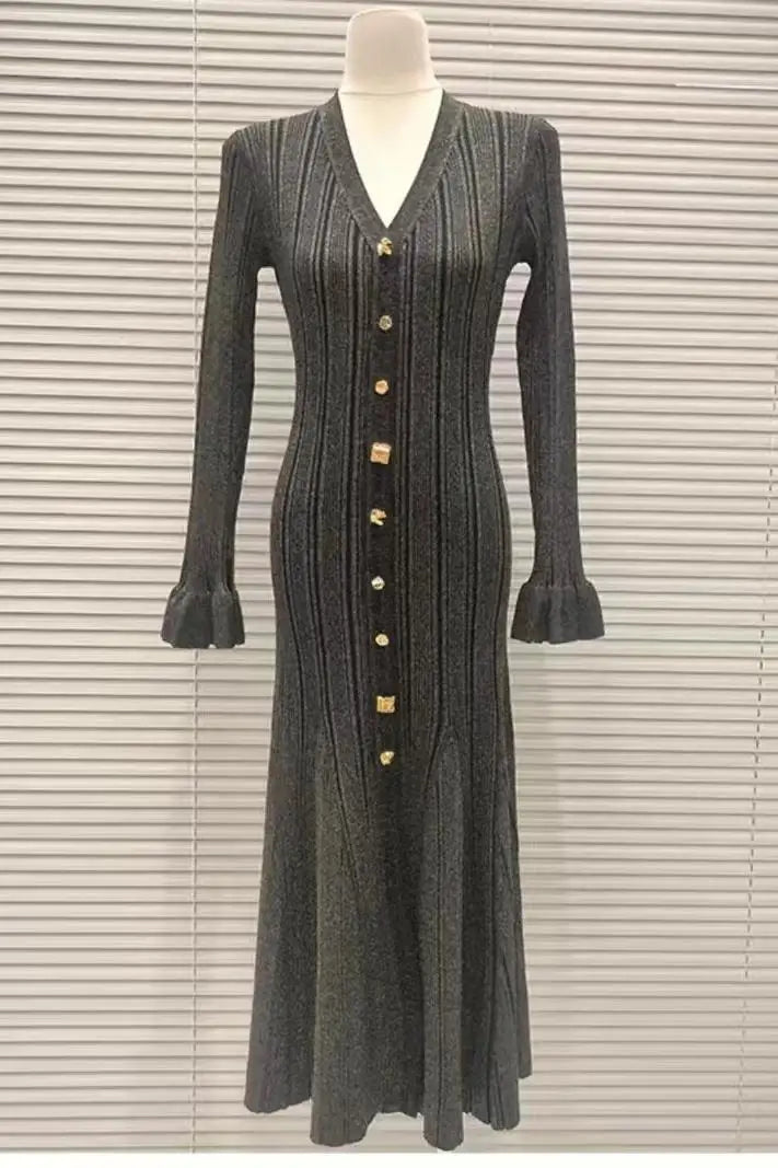 2024 New Autumn Winter Women Knitting Casual V Neck Long Sleeve Single Breasted Soft Warm Party Long Dresses - Seprincess