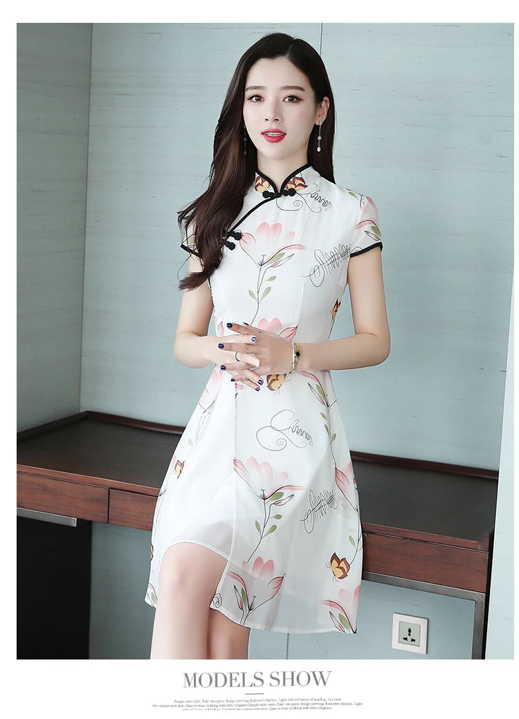 2023 Summer New Modern Improved Cheongsam Chiffon Printing Vintage Traditional Chinese Style Slim Qipao Dress - Seprincess