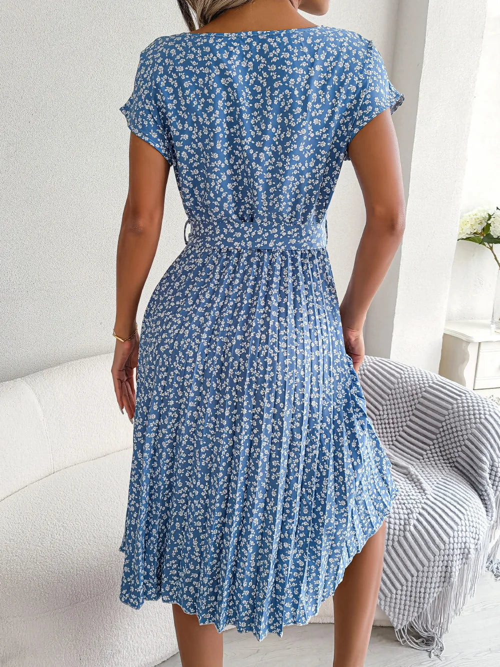 Women Spring Summer Short Sleeve High Waist Chic Dress Fashion Floral Pleated A Line Long Dress - Seprincess