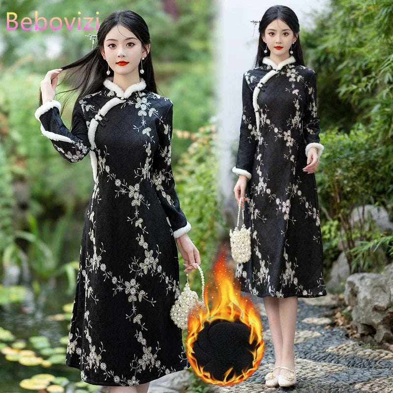 Fashion Chinese Style Traditional Fleece Thick Qipao Dress Winter New Printed Black Cheongsam for Women - Seprincess