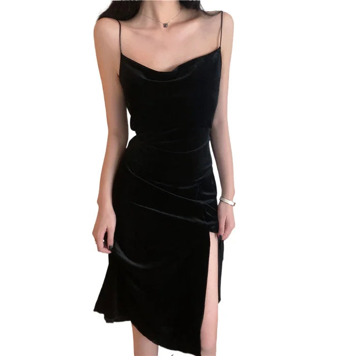 New 2022 Vintage Women Dress Spaghetti Strap Slit Velvet Black Dress Sexy Bodycon Bandage Dress Midi Party Dress Verano Vestidos - Seprincess