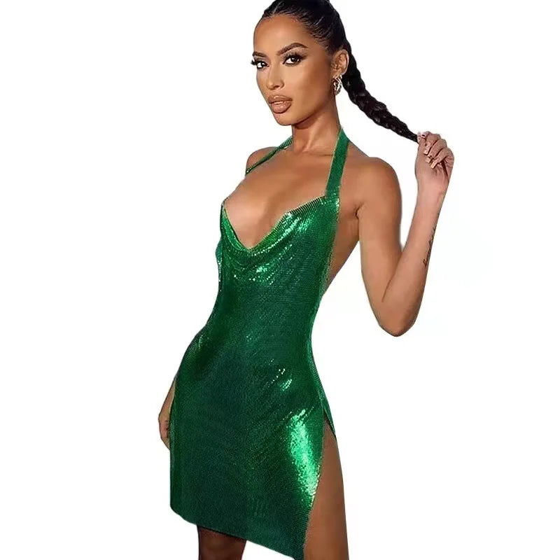 Solid Color Bodycon Dress Women Halter Sexy Skinny Hollow Out Backless Mini Dresses 2022 Hot Summer Sleeveless Party Club Dress - Seprincess