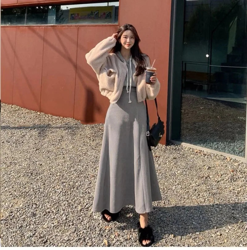 Spring/Autumn Korean Women's Skirt Two-piece Tweed Dress + Long Sleeve Sweater Cardigan Set Elegant Two-piece Set Mid Length - Seprincess