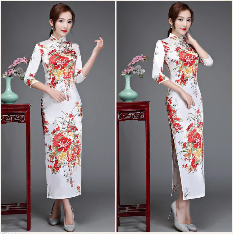 Old Shanghai Elegant Women Satin Qipao Slim 3/4 Sleeve Long Dress New Traditional Chinese Mandarin Collar Cheongsam Vestidos - Seprincess