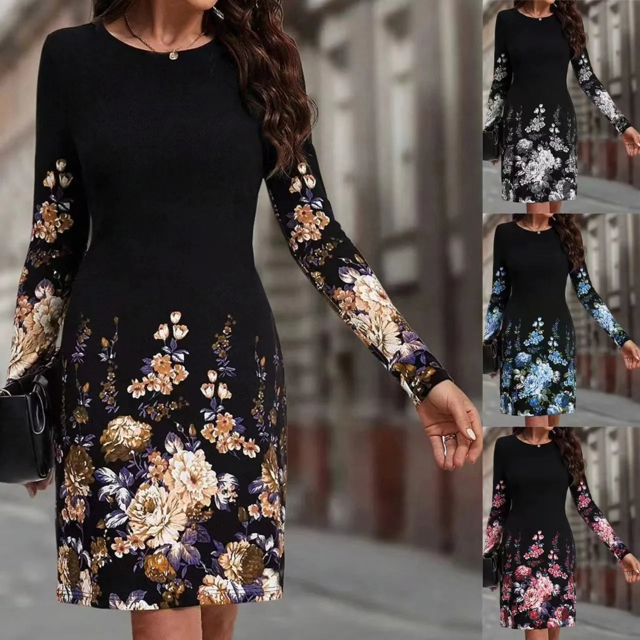 2024 New Autumn Winter Women Dress O Neck Flower Print A-Line Long Sleeve Loose Dress Casual Fashion Elegant Ladies Mini Dresses - Seprincess