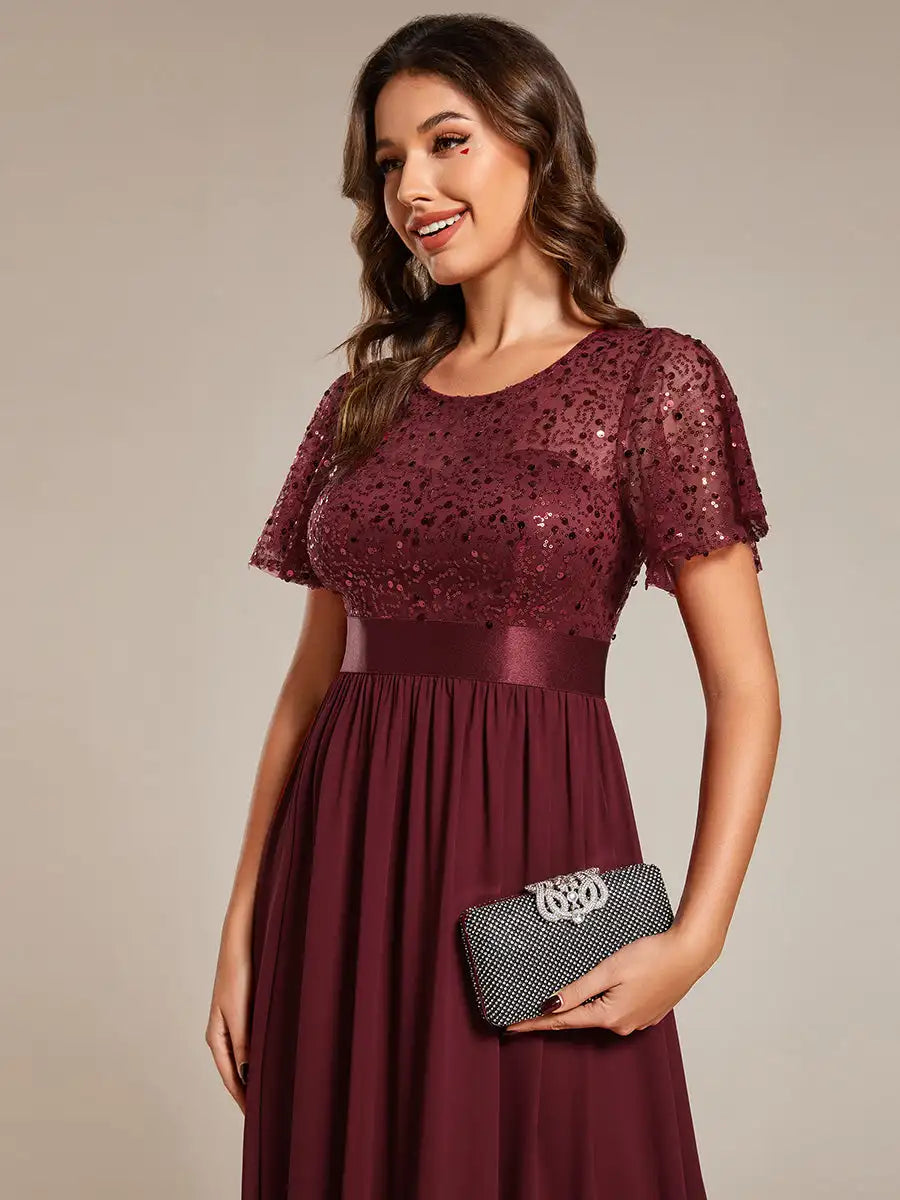 Elegant Evening Dresses Round-Neck Sequin High Waist Short-Sleeved Formal 2024 Ever Pretty of Burgundy Bridesmaid dress - Seprincess