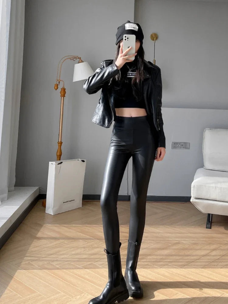 Autumn Winter Black High Waist Tights Stretch Soft Thin Fleece Leggings for Women Pants Sexy Slimming Pu Leather Leggings Women